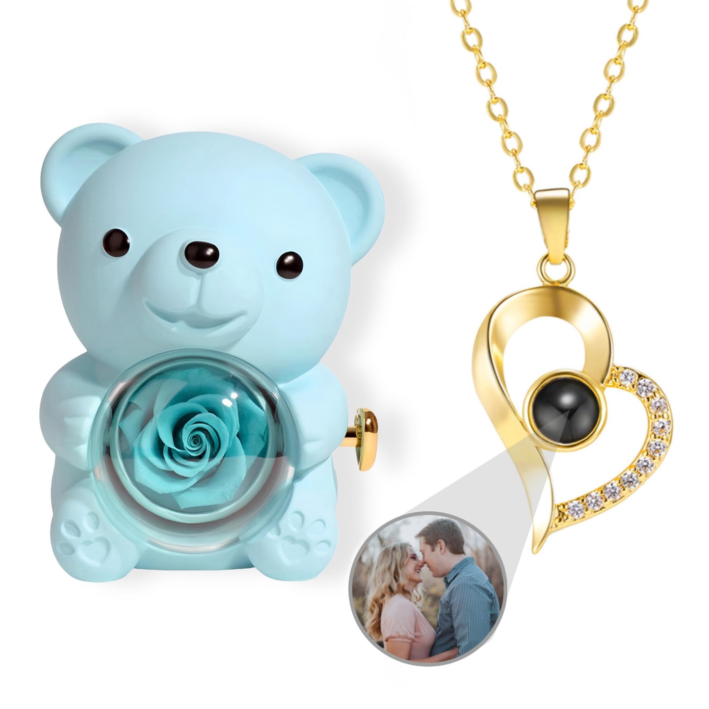 HORUS ORSO ROSA ETERNA™ | Collana Cuore Zirconato con Microfoto - Azzurra / Oro 18K