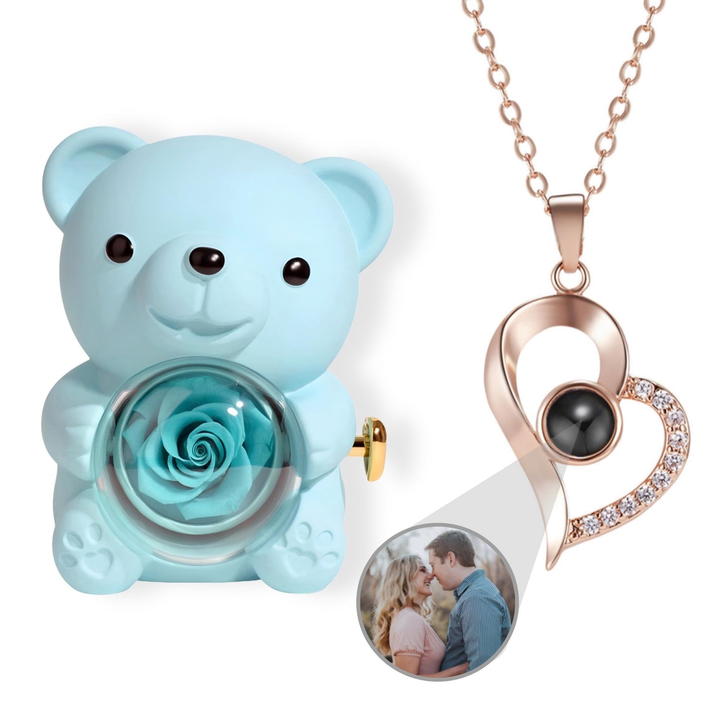 HORUS ORSO ROSA ETERNA™ | Collana Cuore Zirconato con Microfoto - Azzurra / Oro Rosa 18K