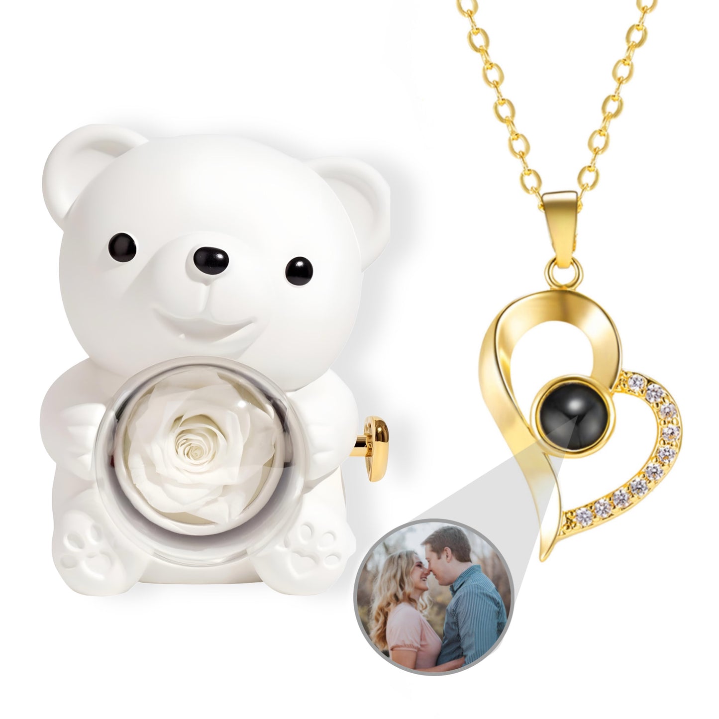 HORUS ORSO ROSA ETERNA™ | Collana Cuore Zirconato con Microfoto - Bianco / Oro 18K
