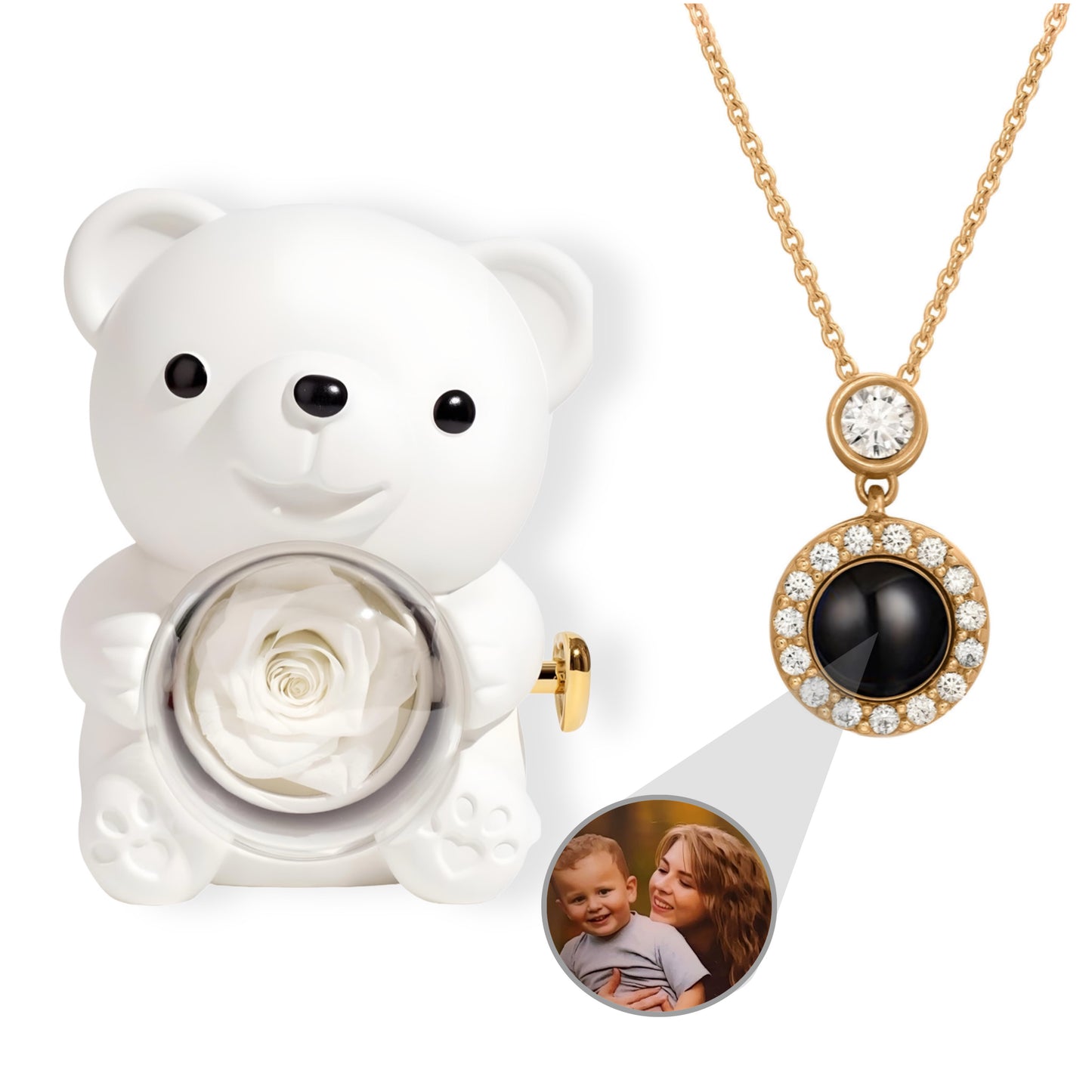 HORUS ORSO ROSA ETERNA™ | Collana occhio zirconato con Microfoto - Bianco / Oro Rosa 18K