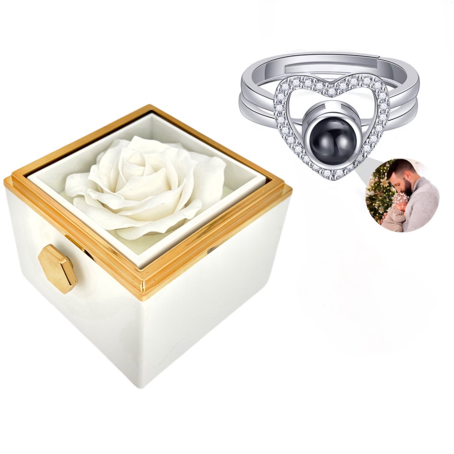 HORUS COFANETTO ROSA™ | Anello cuore zirconato con Microfoto - Bianco / Argento 925